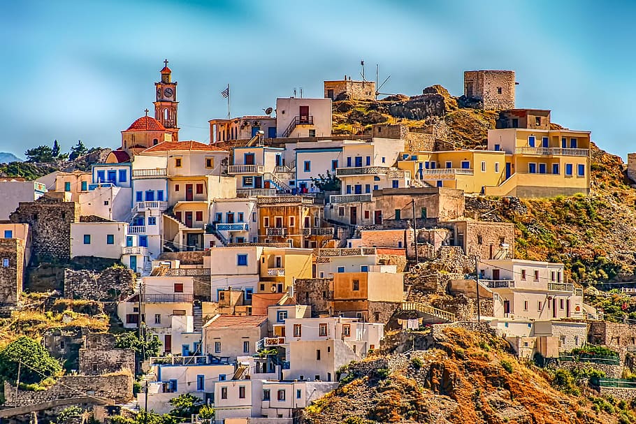greece landmark, daytime, architecture, city, panorama, travel, holiday, greece, karpathos island, place