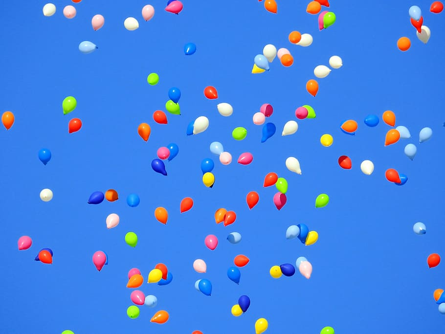 globos, voló, mediados, aire, globo, fiesta, carnaval, movimiento, cielo, cumpleaños