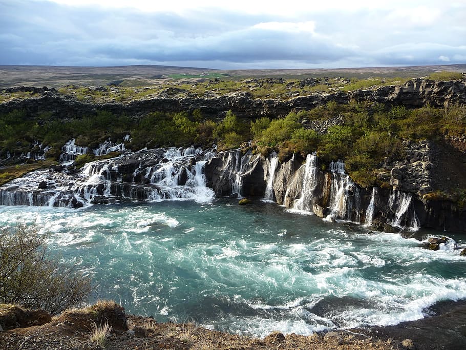 Водопад, Исландия, Храунфоссар, море, природа, вода, без людей, волна, пейзаж, scenics - природа
