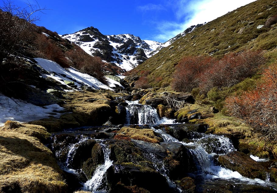 sierra nevada, river, nature, sky, stone, blue, mountain, tributary, snow, flow