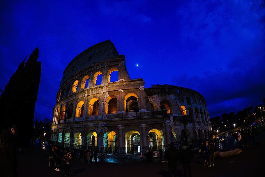 illuminated, journey, twilight, building, night, the colosseum, rome, italy, moon, night view
