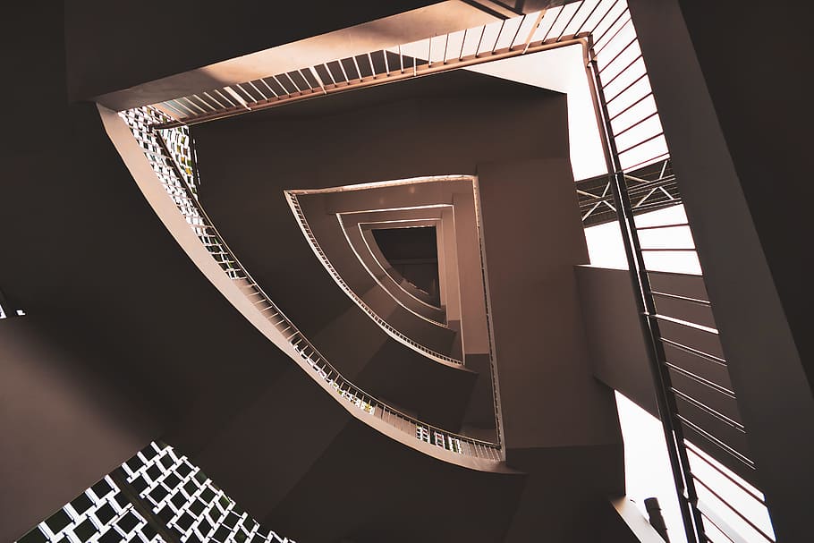 brown, concrete, staircase photo, stairwell, spiral, staircase, architecture, stairway, interior, construction