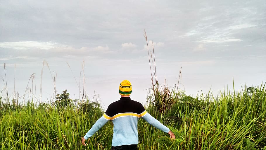 mountain, grass, south borneo, indonesia, rear view, cloud - sky, sky, one person, real people, plant
