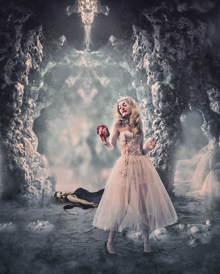 woman, white, dress, holding, human, heart, warm heart, the snow queen, blood, competitor