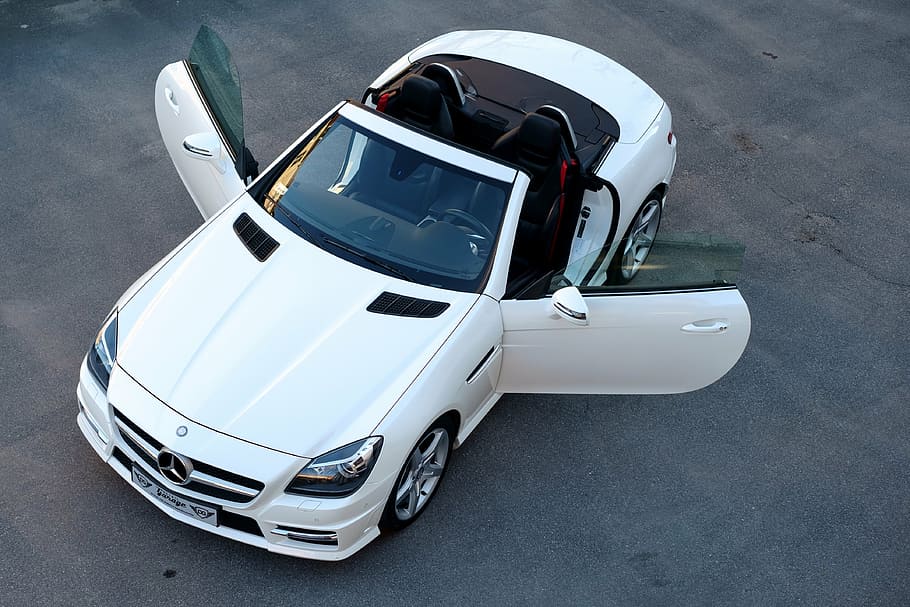 white, mercedes-benz, convertible, opened, doors, outdoors, car, mercedes, slk, auto