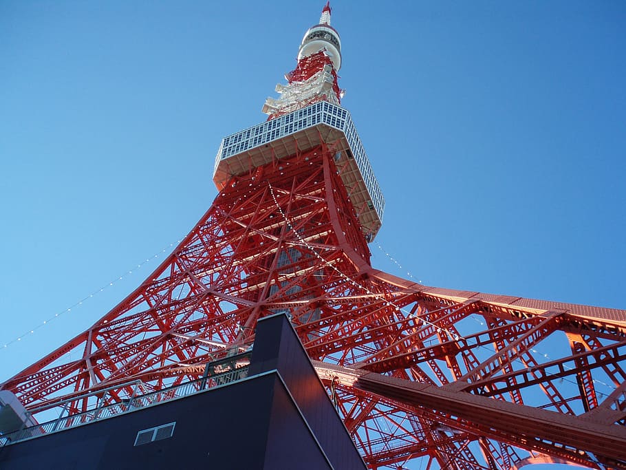 Torre de Tóquio, Japão, torre, vermelho, arquitetura, vista de ângulo baixo, ninguém, estrutura construída, dia, céu