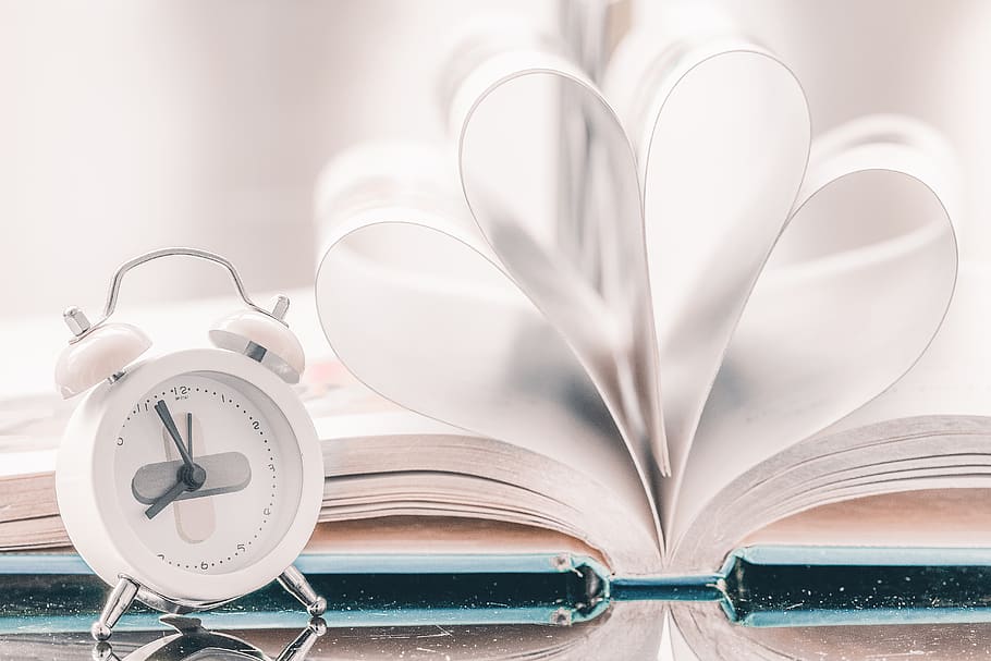 time, book, paper, bell, publication, clock, heart shape, indoors, still life, alarm clock