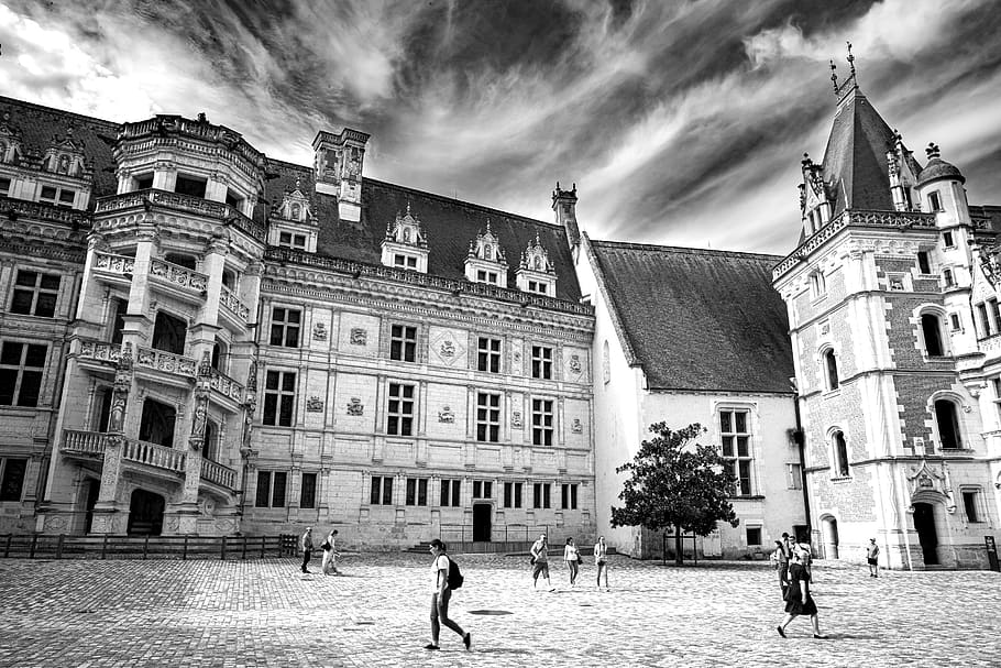 castle, blois, architecture, france, renaissance, windows, court, arcade, facade, black and white