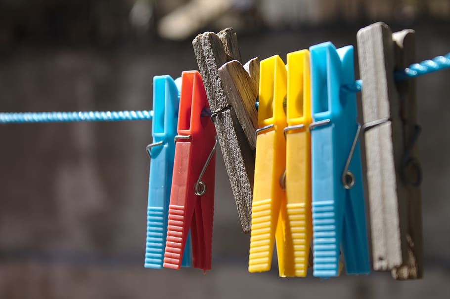 assorted-color clip, blue, tie, Clothes Line, Laundry, Preacher, laundress, clothespin, clothesline, hanging