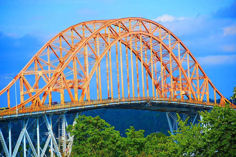 through arch bridge, steel bridge, bridge, sky, connection ...