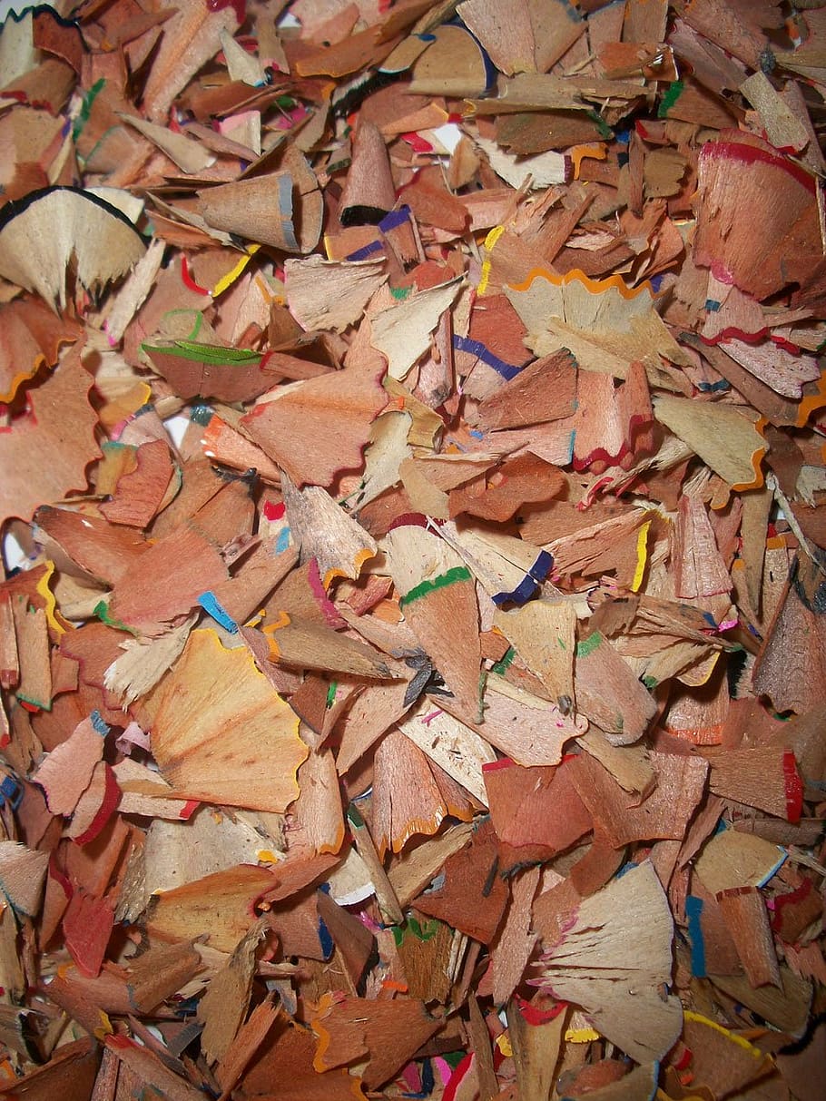 pencil shavings, pencil sharpening waste, pencil sharpening leftovers, shavings, wood chips, large group of objects, full frame, backgrounds, multi colored, abundance