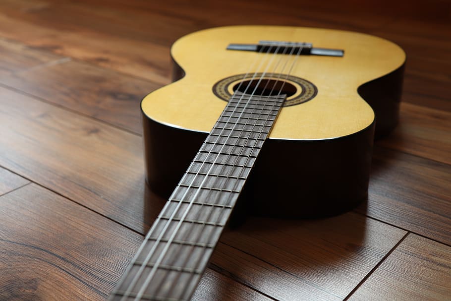 guitar, strings, music, instrument, wood, woods, sound, floor, laminate, parquet