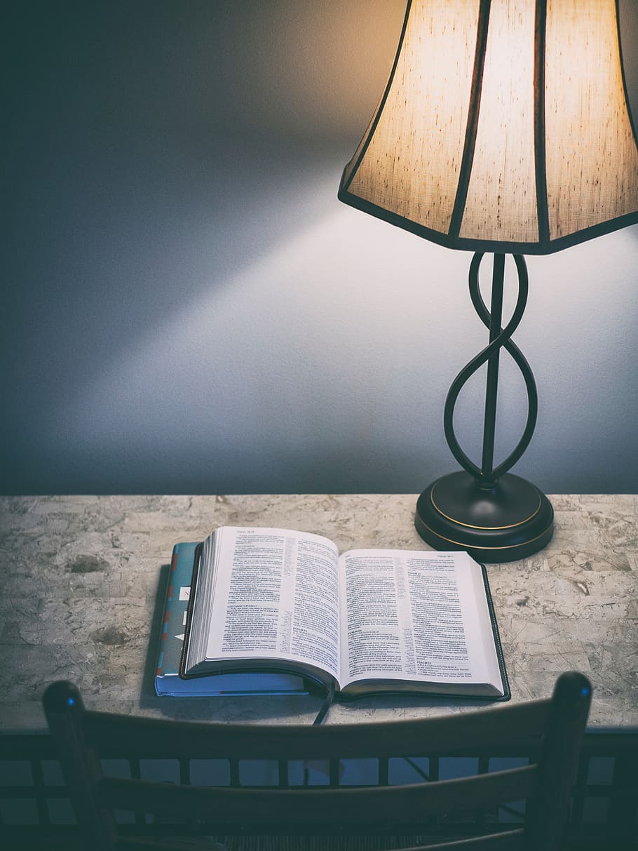 lámpara, libro, lector, mesa, silla, oscuro, noche, luz, biblia, interior