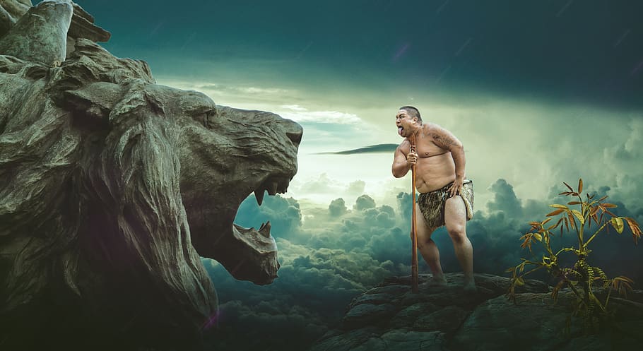 tribal man, lion head, rain, funny face, taunt, plant, sticking out tongue, nature, animal wildlife, shirtless