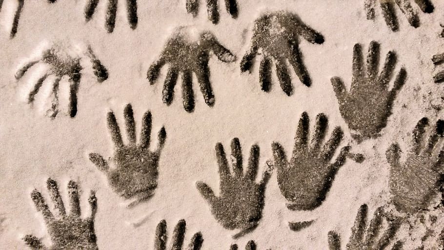 black, hand prints, beige, pad, snow, hands, winter, children, season, imprint