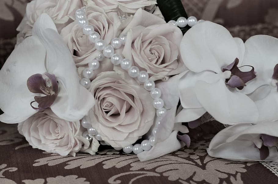 white, flower bouquet, gray, textile, wedding, bouquet, romanticism, flowers, purity, wedding photo
