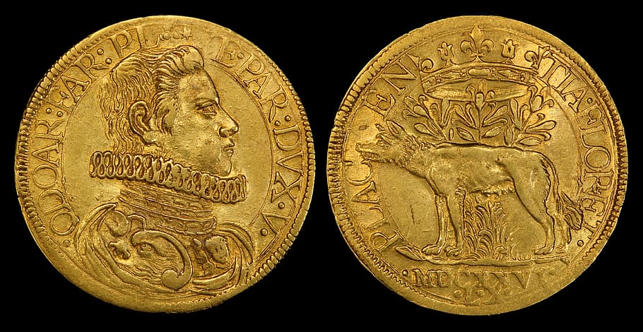 dois, doppie de ouro, representando, ouro, doppie, Odoardo Farnese, Placência, Itália, moedas, fotos