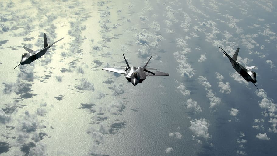 military aircraft, formation, f-22, flying, flight, airplanes, planes, pilot, jets, usa