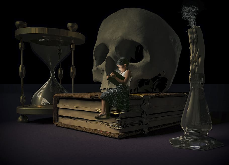 boy reading book, big, skull illustration, people, adult, sculpture, furniture, man, skull, still life