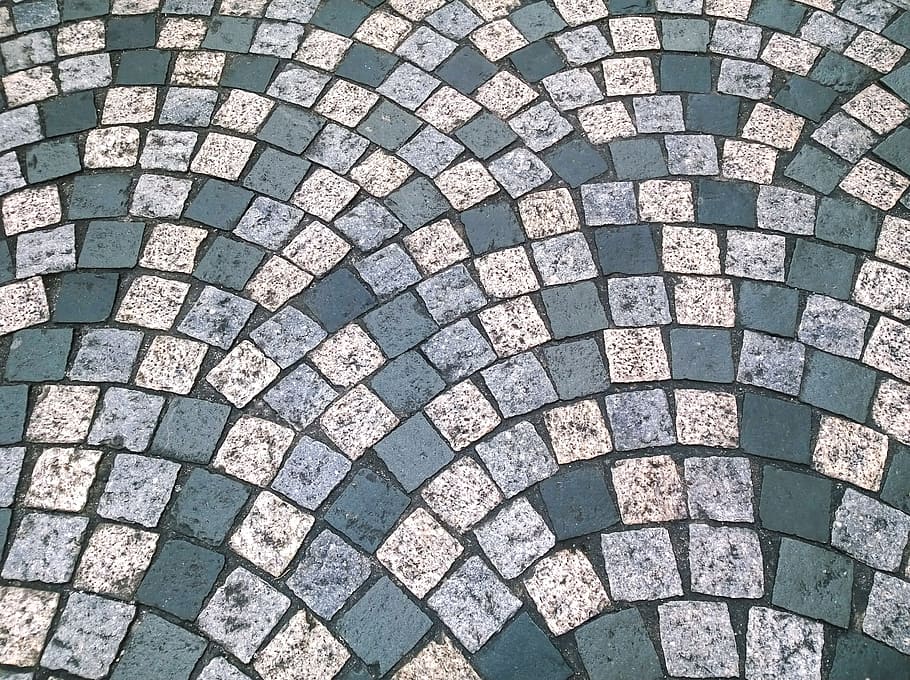 white, blue, ceramic, tiles, cobbles, floor, pattern, road, rough, paving