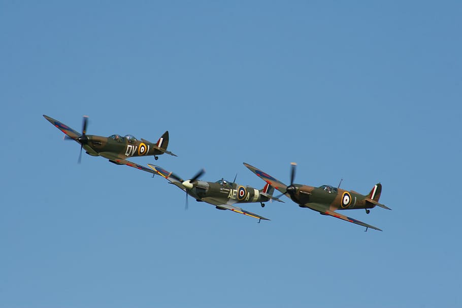 three brown-and-gray planes, spitfire, aircraft, war, plane, fighter, airplane, air, military, british