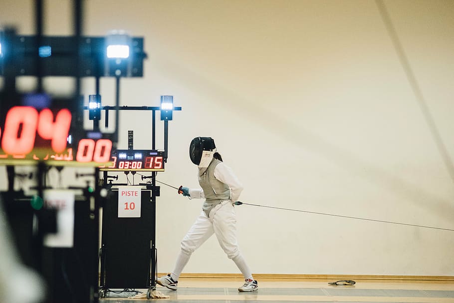 person, wearing, fencing suit, people, man, teen, sport, fencing, olympic, sword