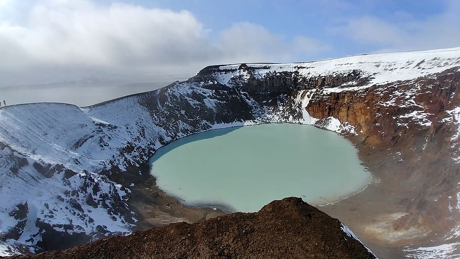 volcano, lake, iceland, snow, ice, mountain, askja, crater, water, blue