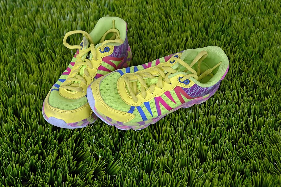 yellow-blue-pink-and-purple sneakers, green, grass, running shoes, race, sport, run, jog, shoes, sports shoes