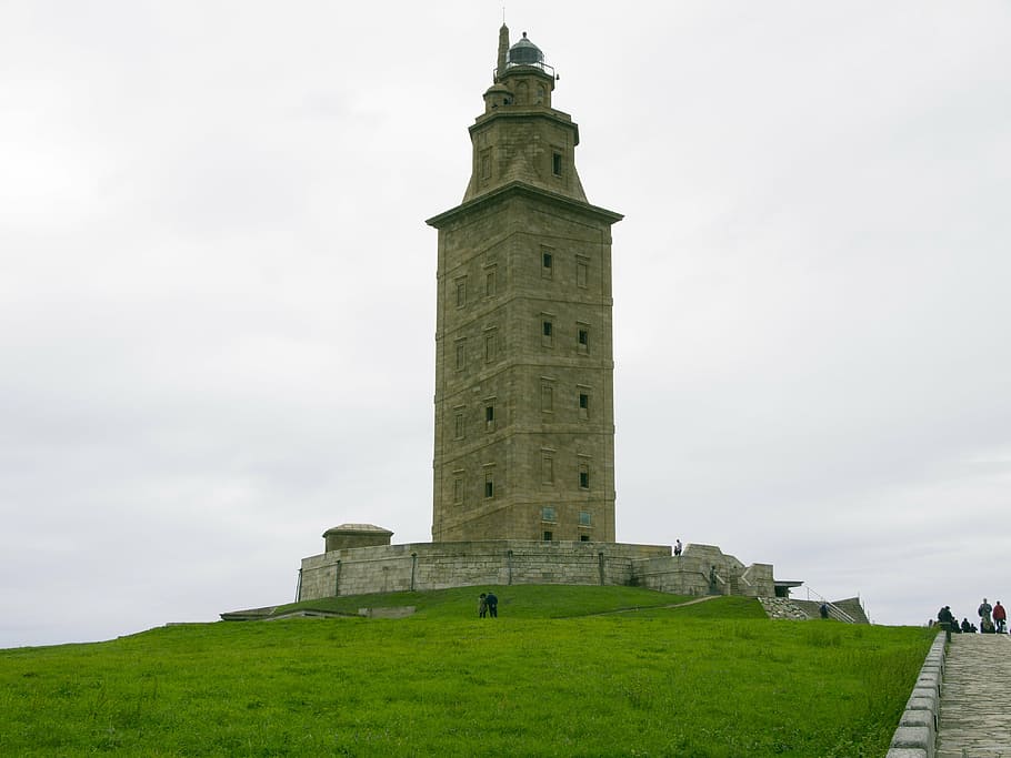 tower of hercules, coruña, field, monument, tower, old, historical, green, lawn, walk