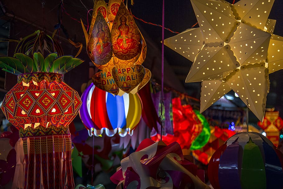 four, assorted-color, lighted, pinatas, diwali, festival, hindu, traditional, indian, religion