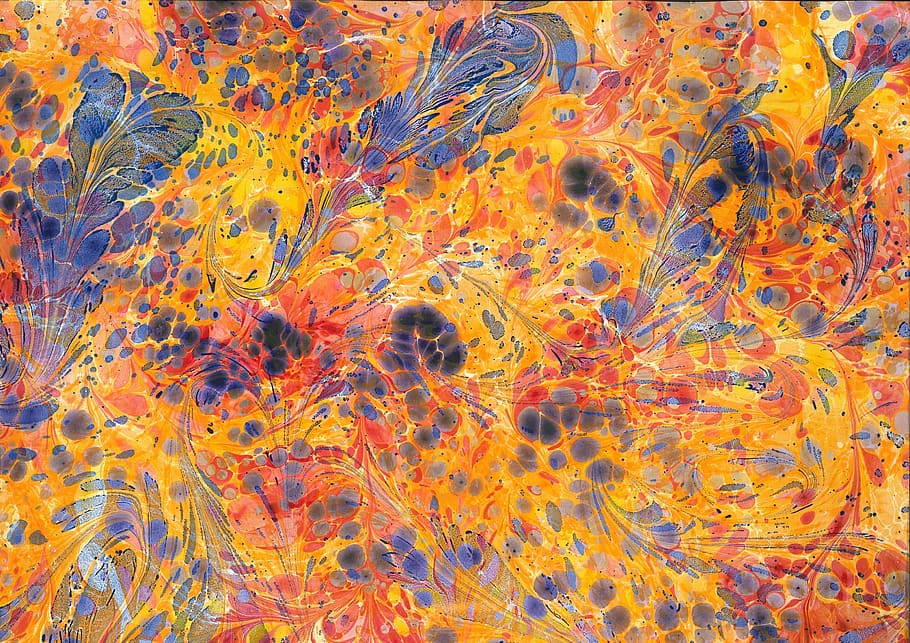 marbled paper, mottle, color, movement, colorful, crafts, yellow, orange, blue, science