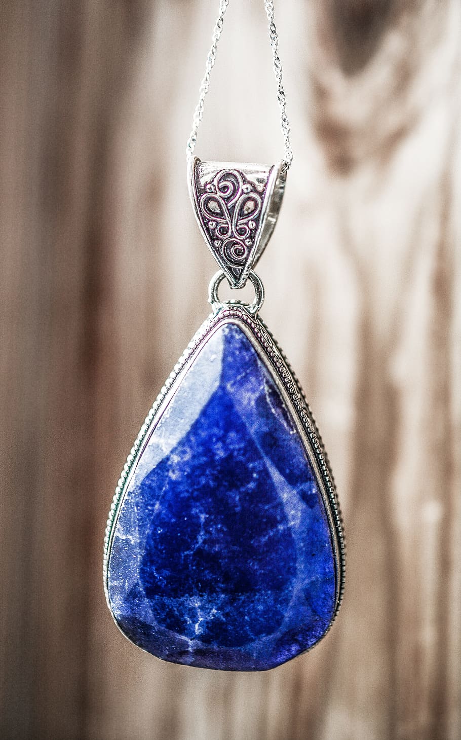 silver-colored necklace, blue, gemstone, sapphire, silver, pendant, stone, precious, jewel, gem