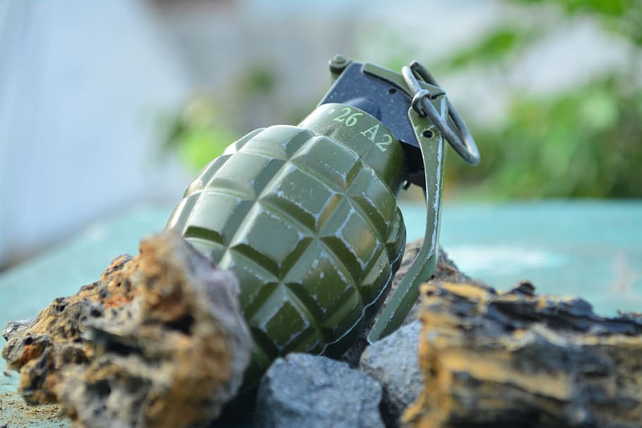 green, frag grenade, brown, Grenade, Rock, Nikon, sport, focus on foreground, water, close-up