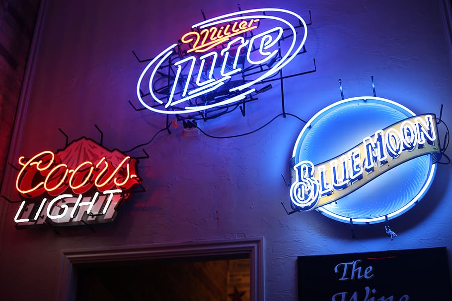 advertisement, bar, beer, miller lite, colors, light, neon, signs, communication, illuminated