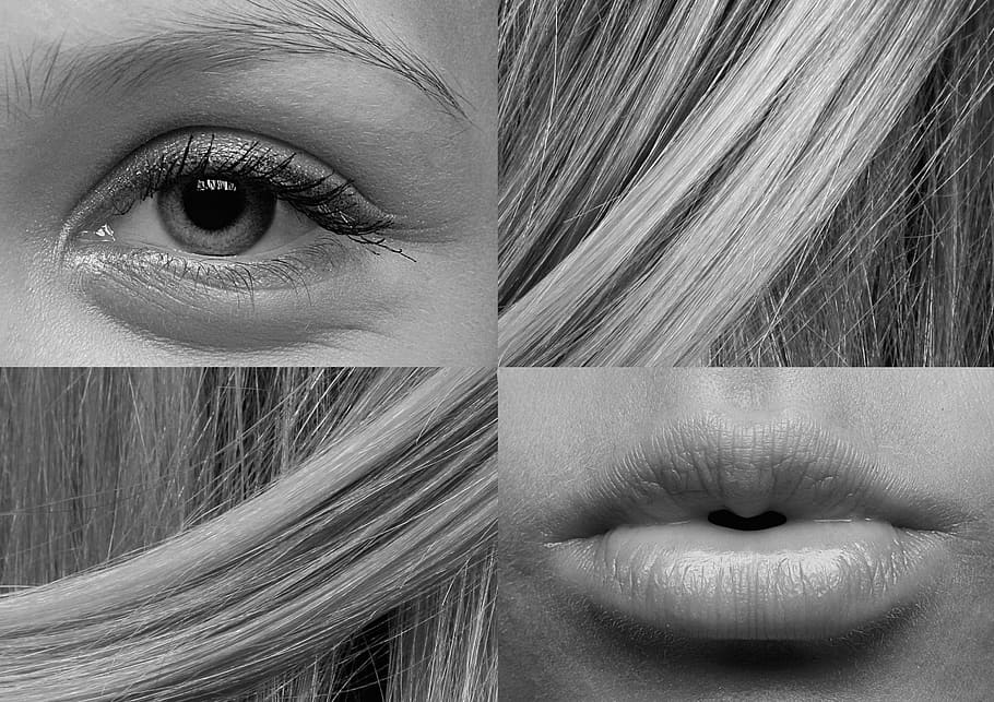 eye, lips, hair collage, woman, kiss, hair, detail, the details, collage, macro photography