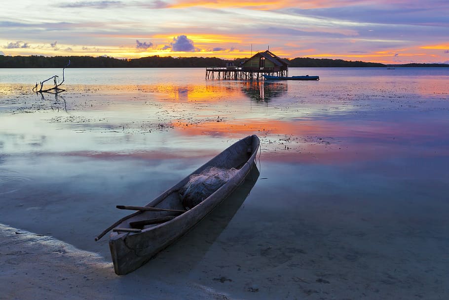 canoa, ancorado, beira mar, dourado, hora, paisagem, Iris, ao entardecer, Indonésia, ilhas Halmahera