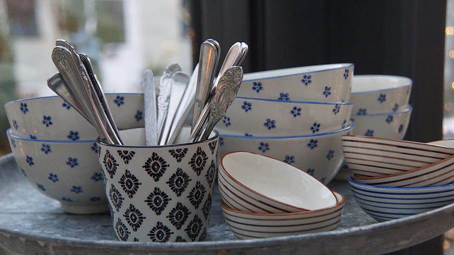 cutlery, tableware, blue, white, grey, gold, pattern, scandinavian, bowls, shells