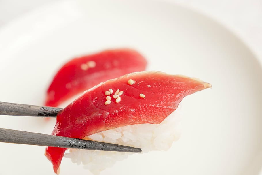 pauzinho com sushi, sushi, comida, comida japonesa, atum, dieta, vermelho, comida e bebida, tiro do estúdio, fundo branco