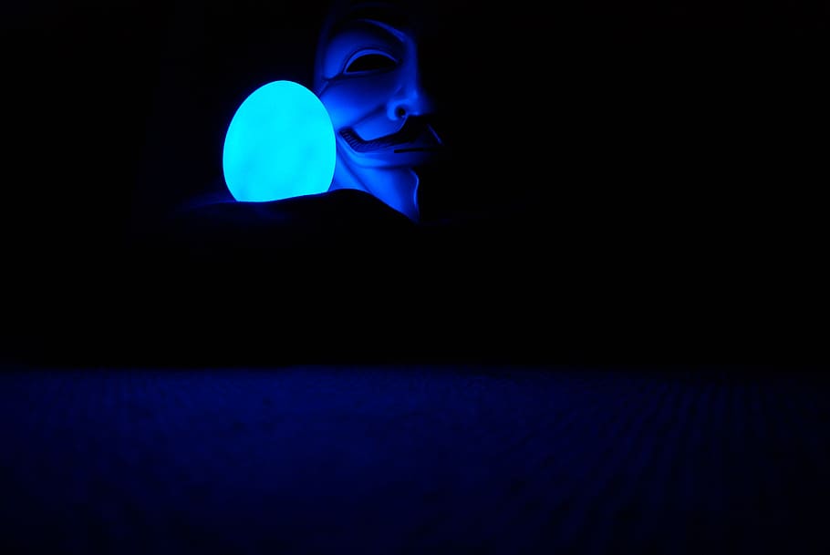 Guy Fawk, máscara, negro, fondo, Guy Fawkes, anónimo, azul, mascarada, carnaval, misterioso