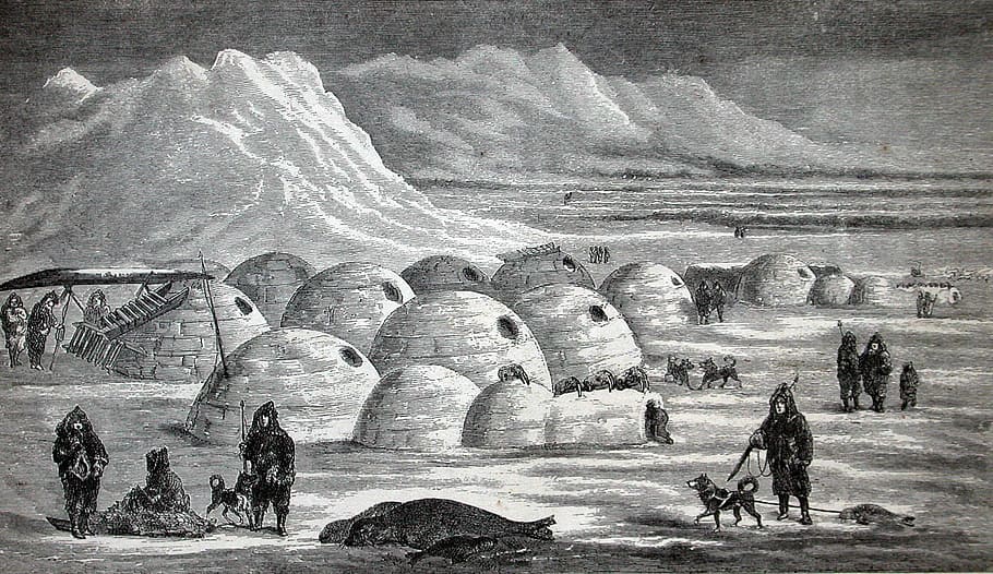 Inuit Village, 1865, Inuit, Village, Frobisher Bay, Nunavut, Canadá, dibujo, fotos, dominio público