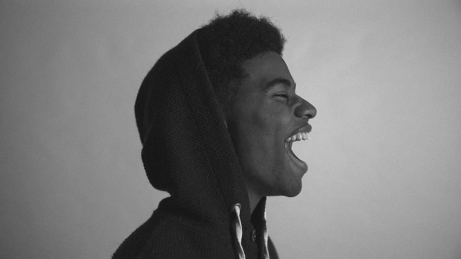 grayscale photo, man, people, guy, hoodie, jacket, mouth, shout, one person, headshot
