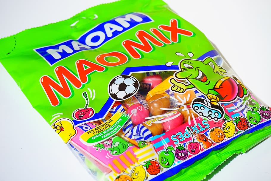 bag, candy bag, maoam, chewy candy, maomix, maoam maomix, packed, packaging, colorful, green