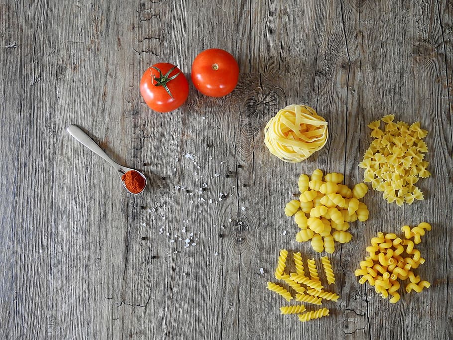 pasta, tomat, kayu, permukaan, makan, memasak, dapur, makanan, frisch, nutrisi