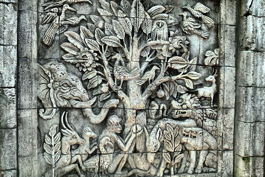 embossed, concrete, wall art, relief, wall, temple, stone, sculpture, mythical, flora