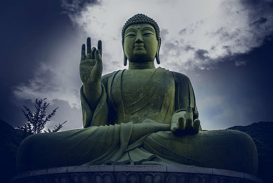 estátua de gautama buda, chungnam, bronze, amitabha buda, estátua, escultura, vista de ângulo baixo, nuvem - céu, espiritualidade, céu