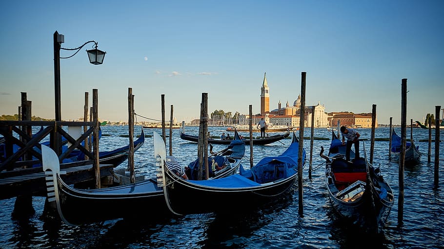 biru, perahu kano, badan, air, siang hari, Venesia, kanal besar, perahu, gondola, perjalanan