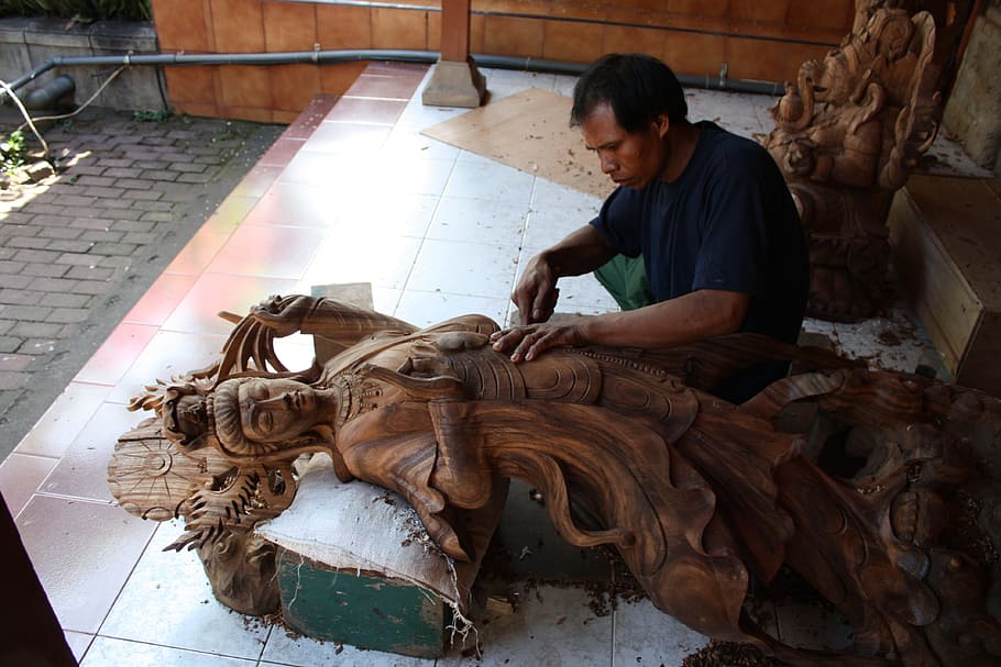 Bali, Indonesia, tropical, madera, talla, al aire libre, tradicional, hindú, asia, un solo hombre