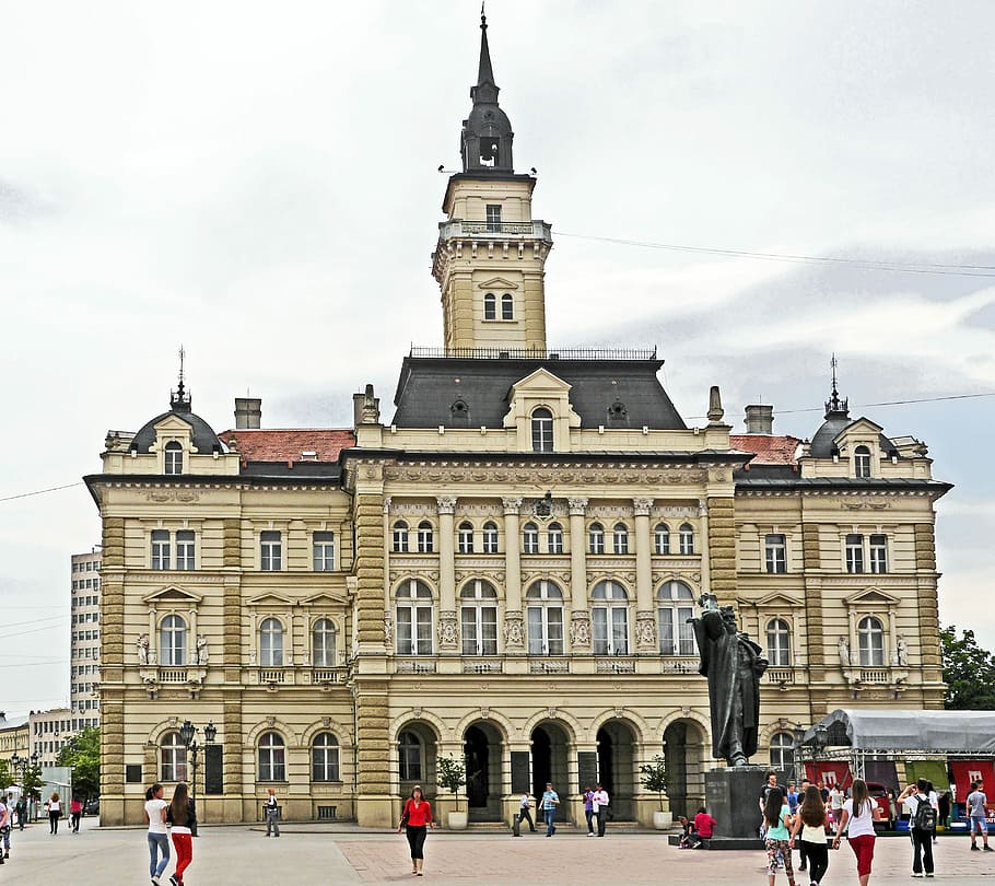 people, walking, beige, concrete, building, serbia, novi sad, town hall, town hall square, architecture