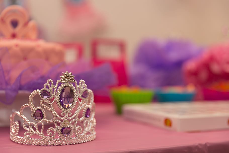 silver-colored tiara, crown, birthday, celebration, party, princess, indoors, focus on foreground, event, table