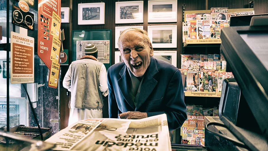 people, man, happy, smile, enjoy, shop, store, bookstore, counter, newspaper